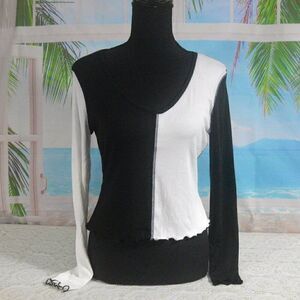 No Comment Color Block Black and White V-Neck Ribbed Long Sleeve Top New Size M